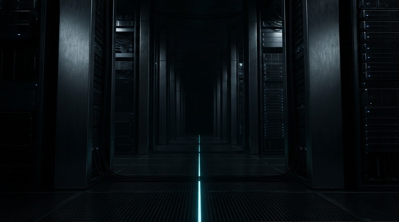 Monolithic dark server architecture receding into darkness